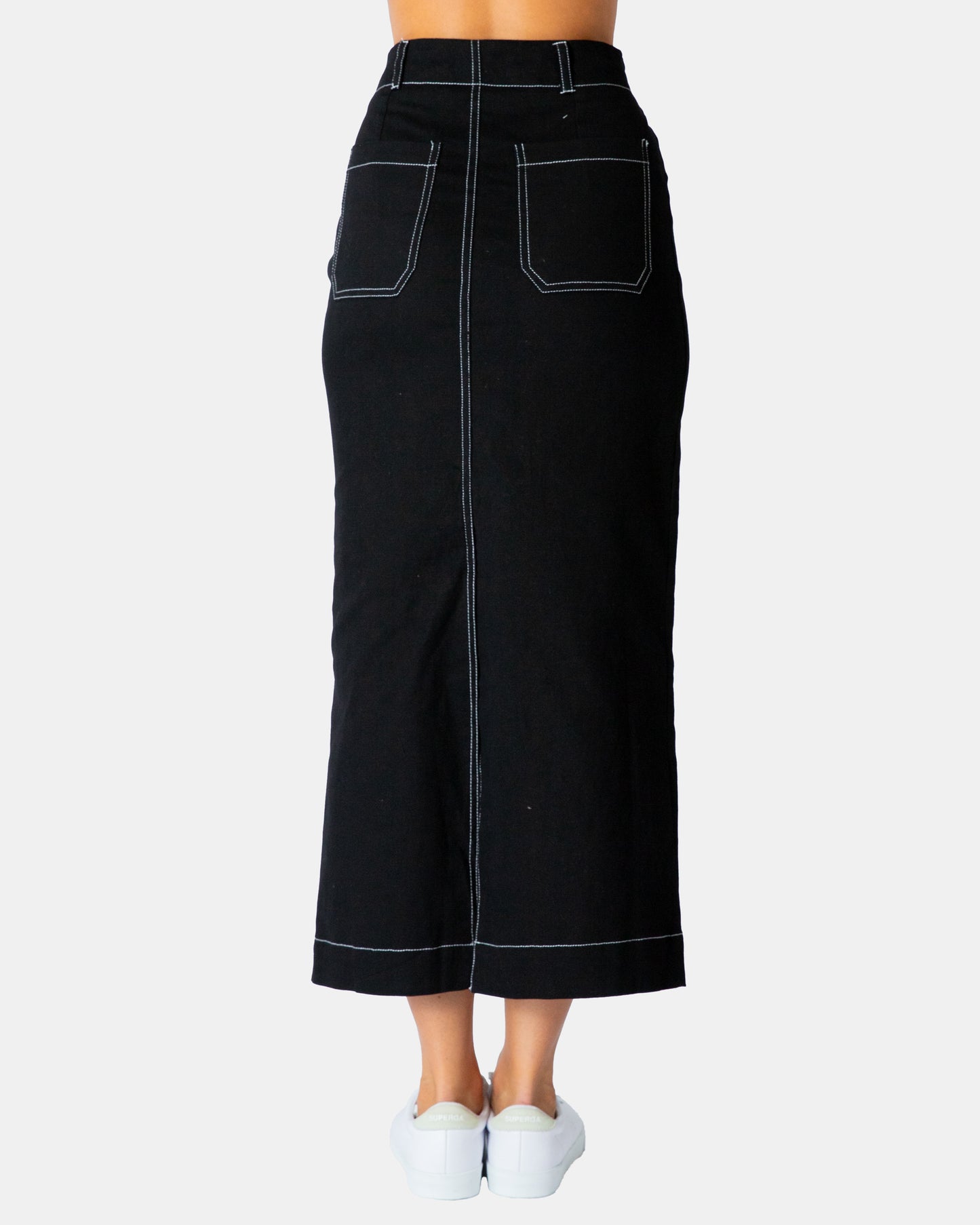 
                  
                    PAPER HEART MIDI SKIRT- BLACK w Stitch detail
                  
                