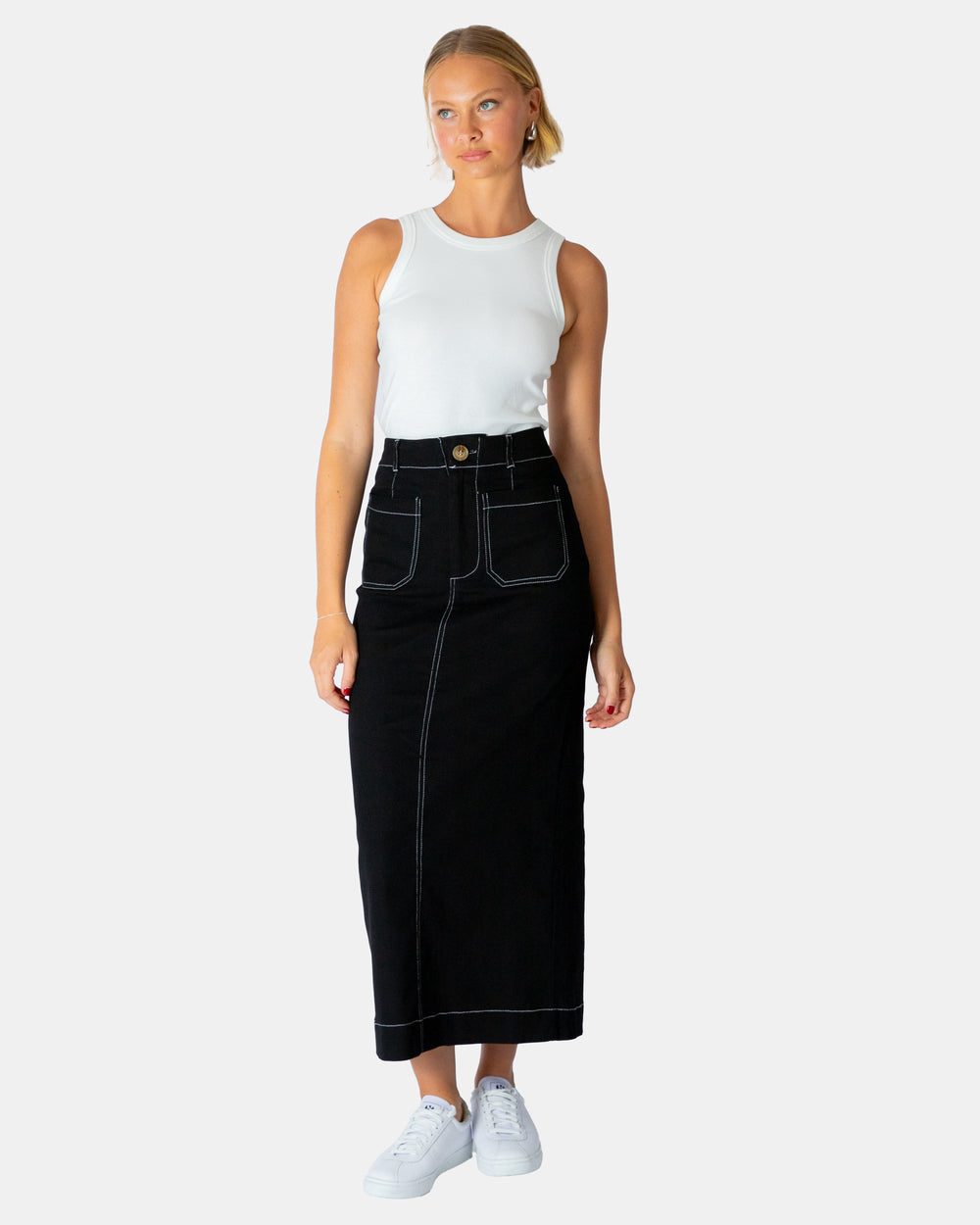 PAPER HEART MIDI SKIRT- BLACK w Stitch detail